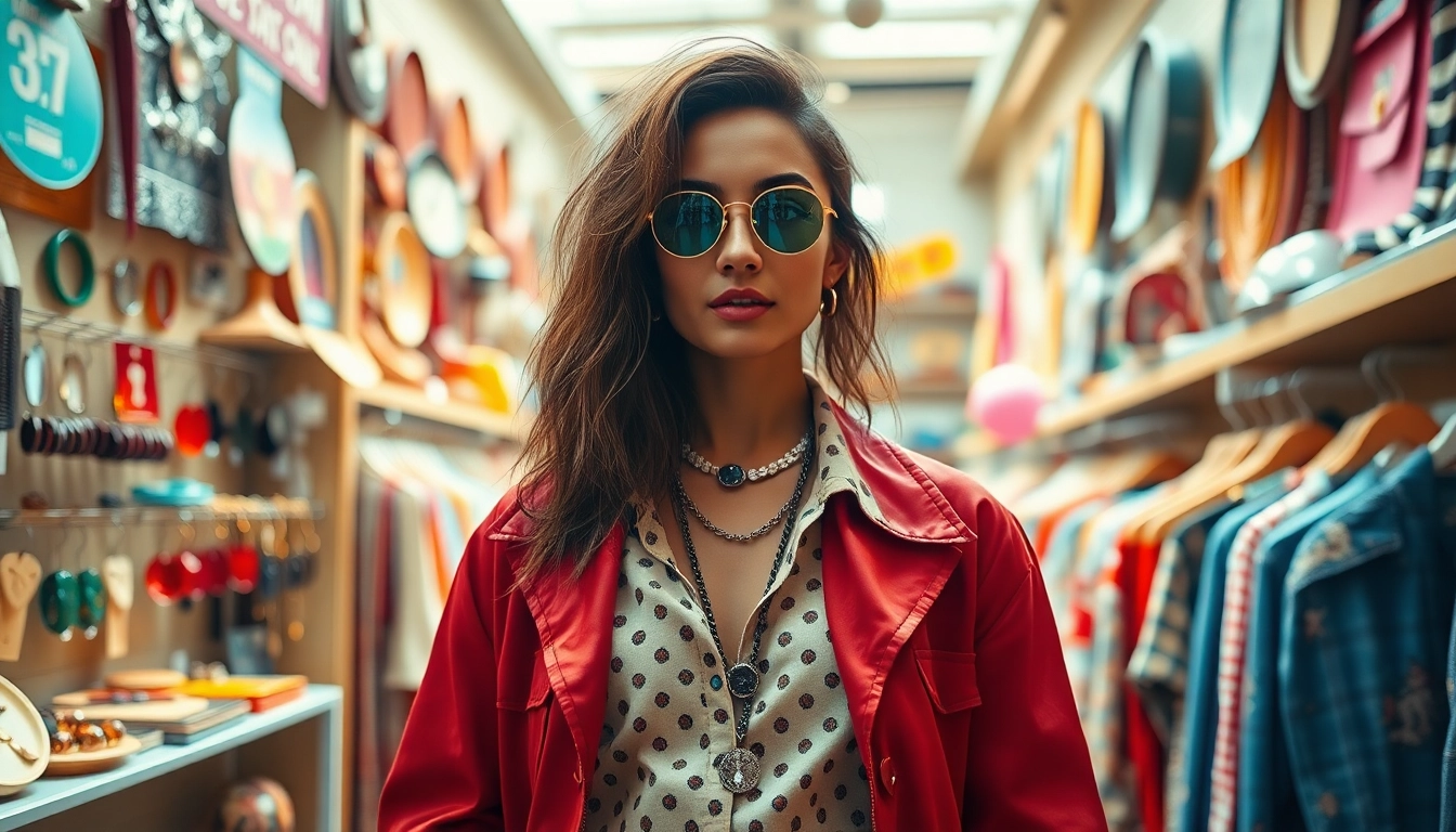 Showcase of sustainable fashion trends on https://thrift-vintage.com with vibrant vintage clothing.