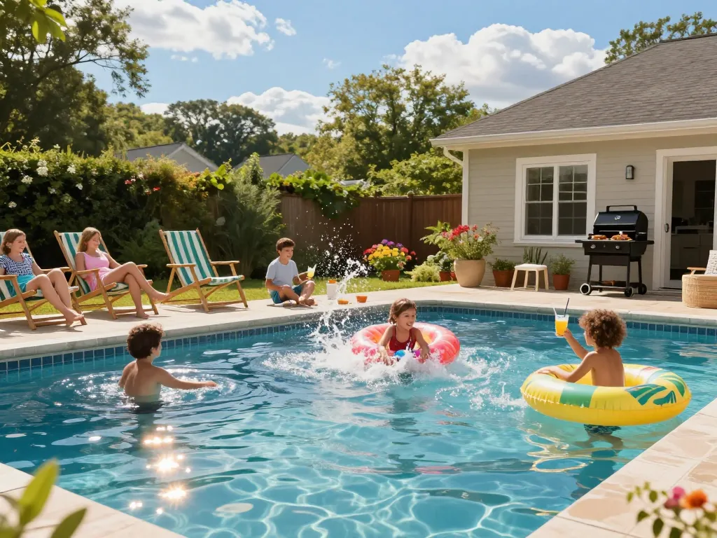 Dolphin Pool Services maintaining a family pool in Virginia with joyful children splashing water, showcasing a sunny day atmosphere.