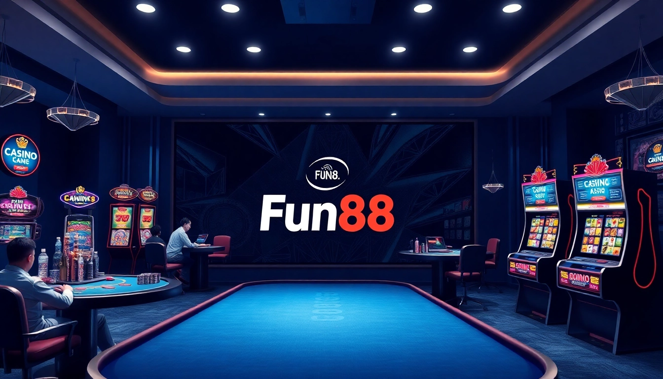 Experience thrilling gaming at Fun88 with engaging online casino graphics showcasing vibrant slot machines and poker tables.