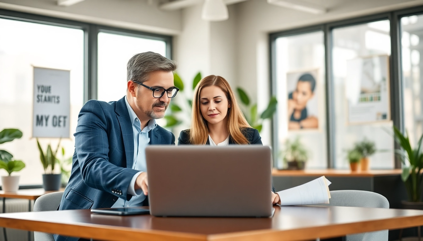 Career consultant advising a client in a bright office space with modern decor.