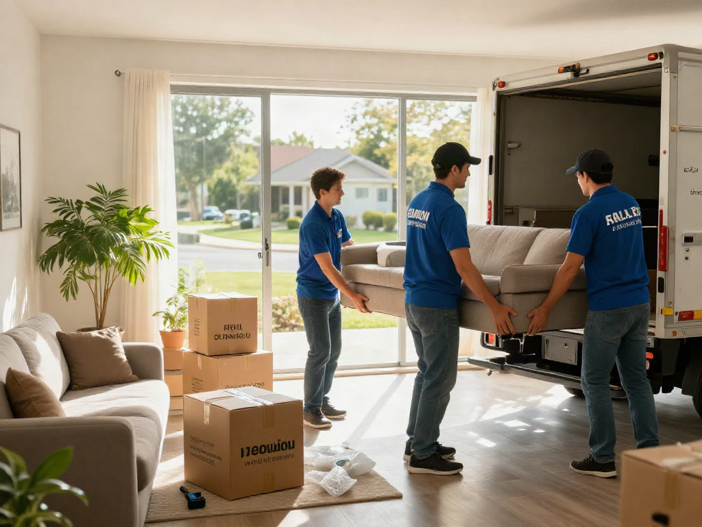 Professional moving company team carefully moving couch into a truck, bright living room ambiance.