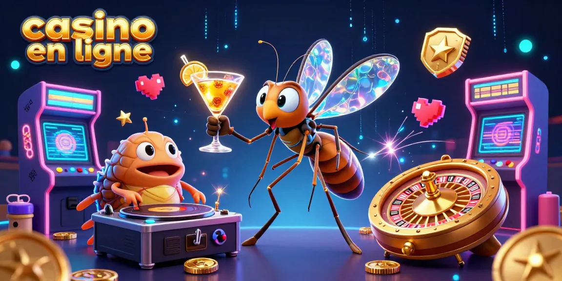 Illustration de casino en ligne mettant en scène un moustique de résine, une trilobite DJ et une roulette en spirale