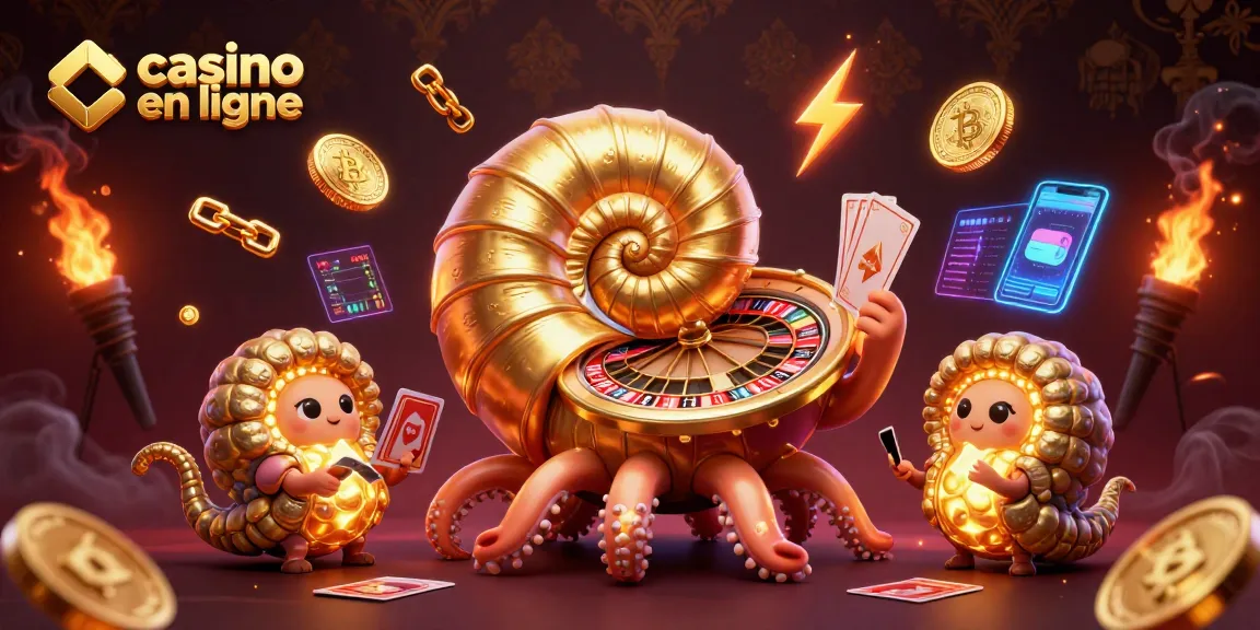 Découvrez une scène dynamique de casino en ligne avec un nautile géant et des pièces crypto.