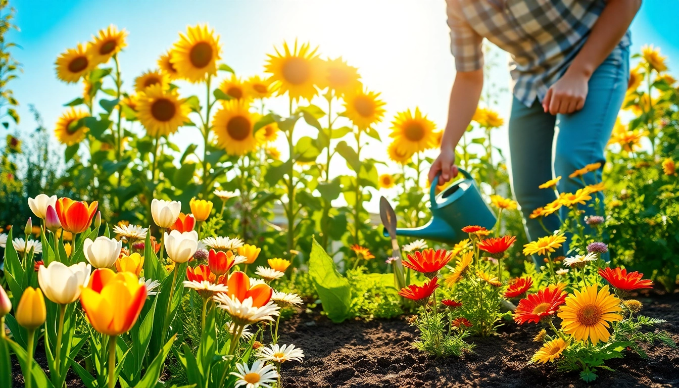 Engaged gardener nurturing a vibrant garden filled with blooming flowers and vegetables, promoting Gardening.