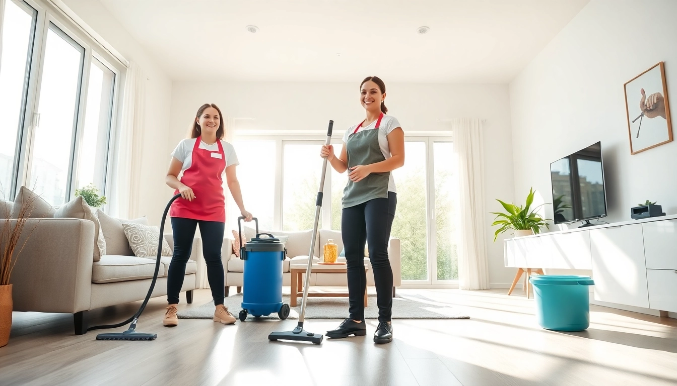 Cleaning service professionals diligently cleaning a bright and spacious living room.