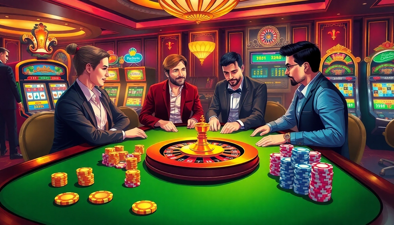 Experience high-stakes excitement at topclub with vibrant casino tables and spinning roulette wheels.