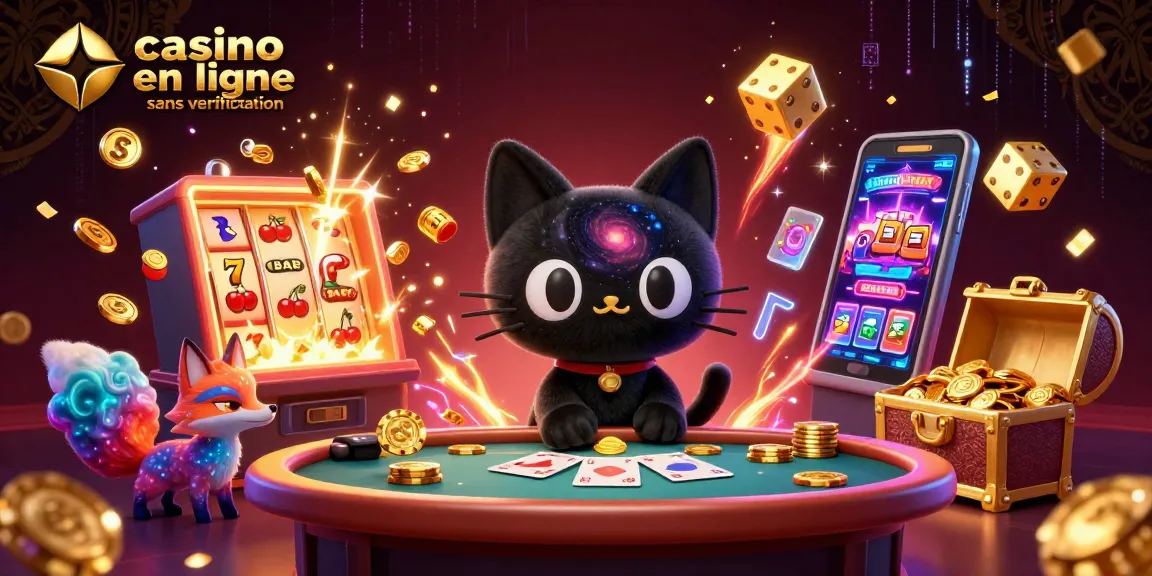 Jouer dans un casino en ligne sans vérification avec le chat noir gravitationnel et le renard nébuleux, entouré de machines à sous.