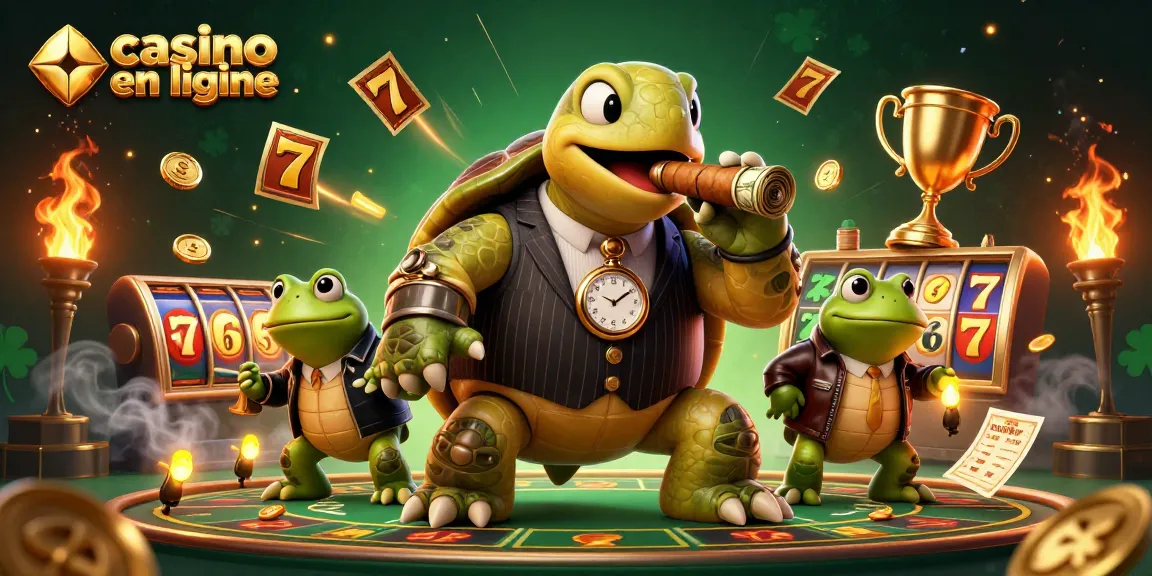 Casino en ligne illustré avec une tortue massive et des grenouilles, ambiance animée.
