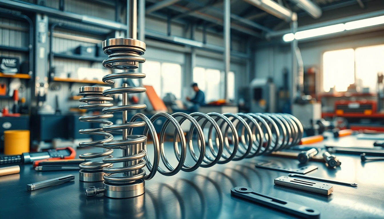 Gas Spring Supplier showcasing high-quality gas springs on a workbench in a vibrant workshop.