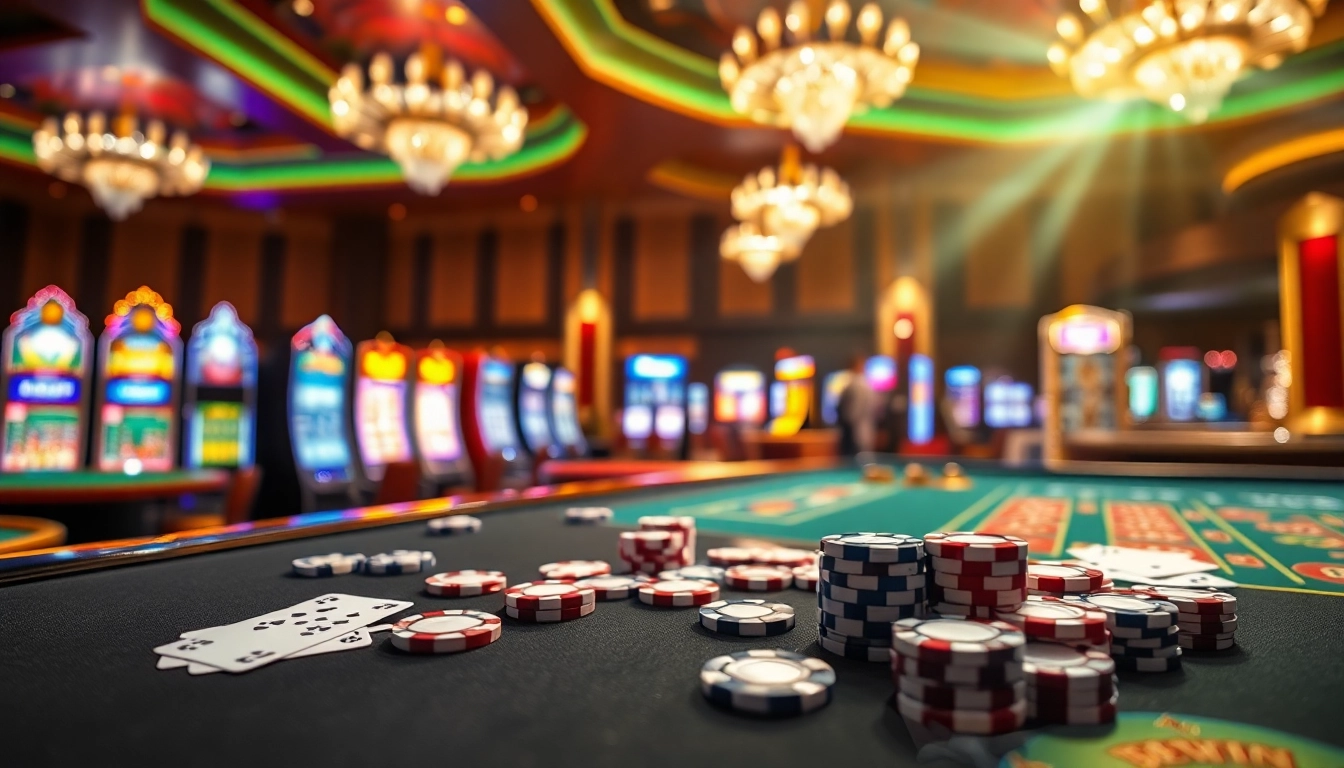 Experience the excitement of 32win with vibrant casino tables, slot machines, and poker chips.