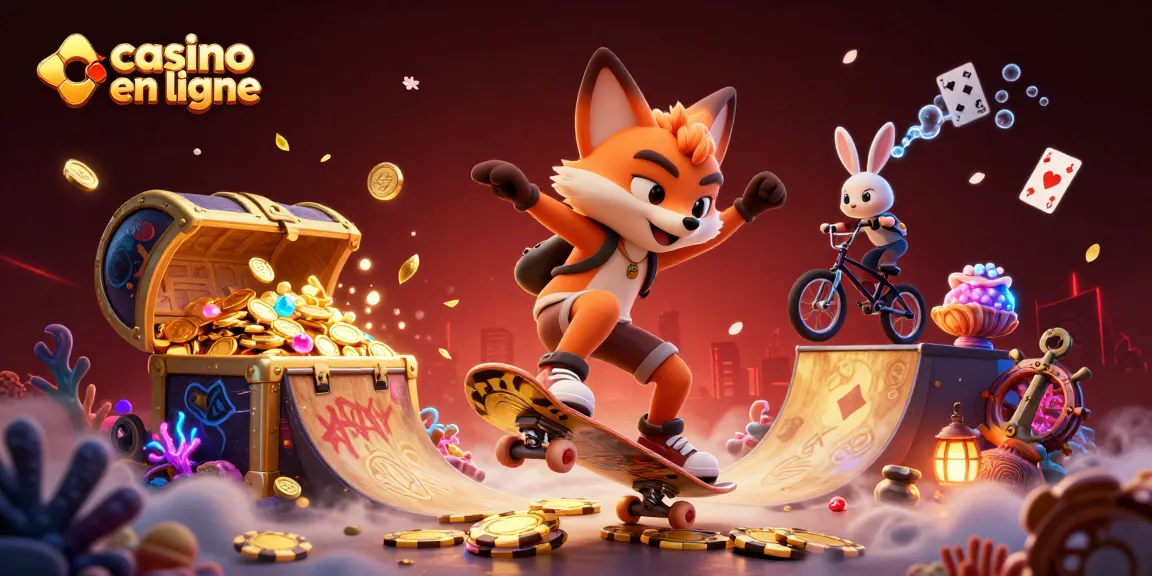 Immergez-vous dans l'univers du casino en ligne avec un renard skateboarder et un lapin BMX.