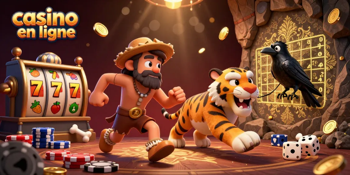 Casino en ligne avec un duo préhistorique de caveman et tigre à dents de sabre en pleine action.