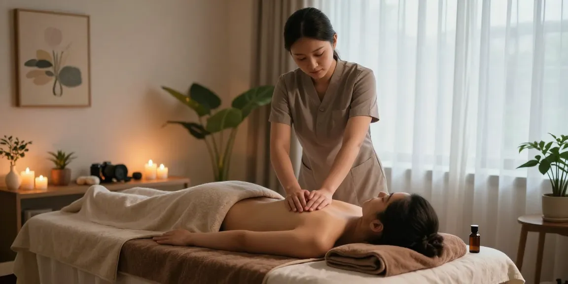 마사지 치료가 진행되는 아늑한 웰니스 스파 내부 장면
