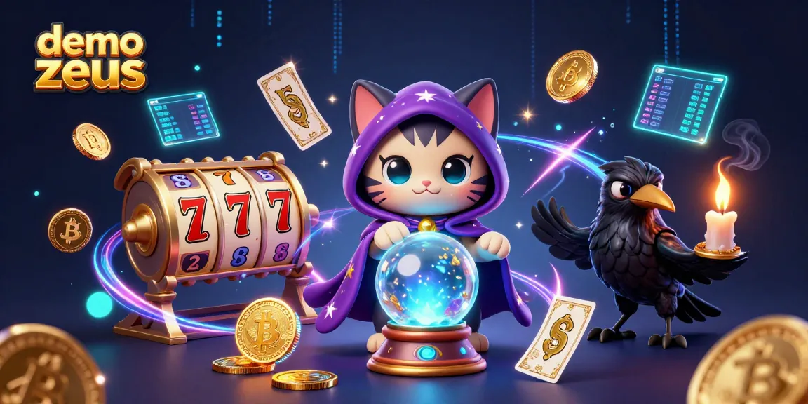 Experience the thrill of the demo slot zeus with a mystical cat and tarot raven surrounded by vibrant casino elements.