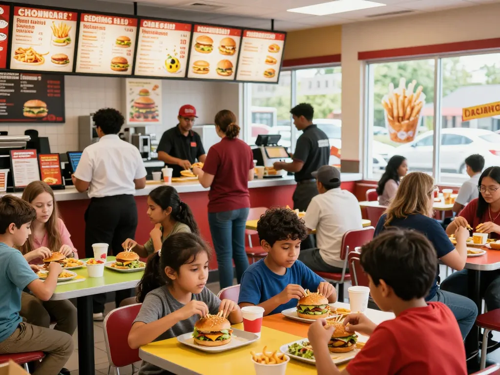 People enjoying diverse fast food prices in a lively restaurant atmosphere.