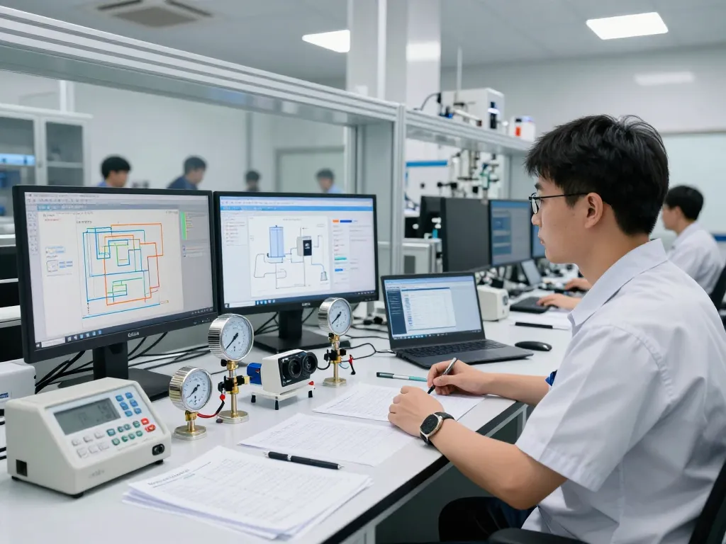 Engineer examining Endress Hauser devices in a modern lab, showcasing innovative automation technology.