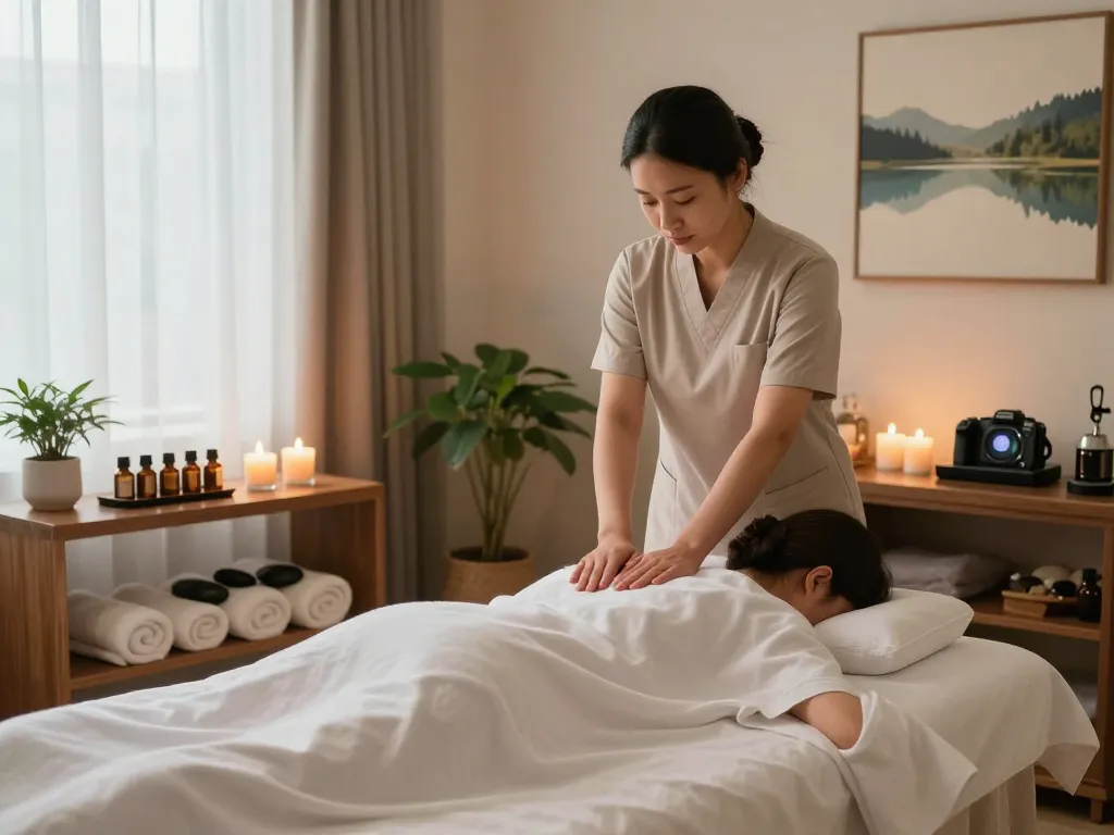 부드러운 조명과 자연 декор가 있는 평화로운 스파 환경에서의 편안한 서초스웨디시 마사지 치료 장면.