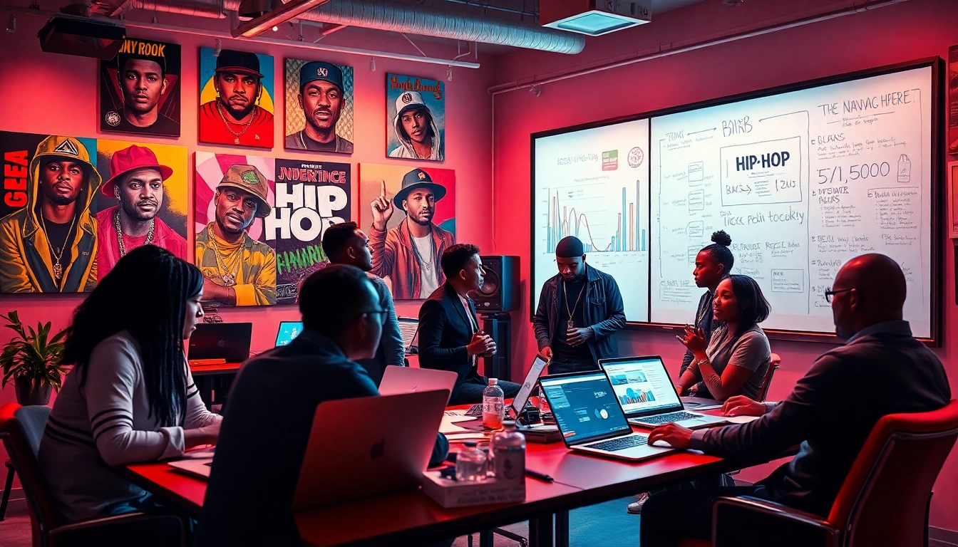 Visual of a vibrant hip hop PR agency showcasing diverse publicists collaborating to elevate artists' music.