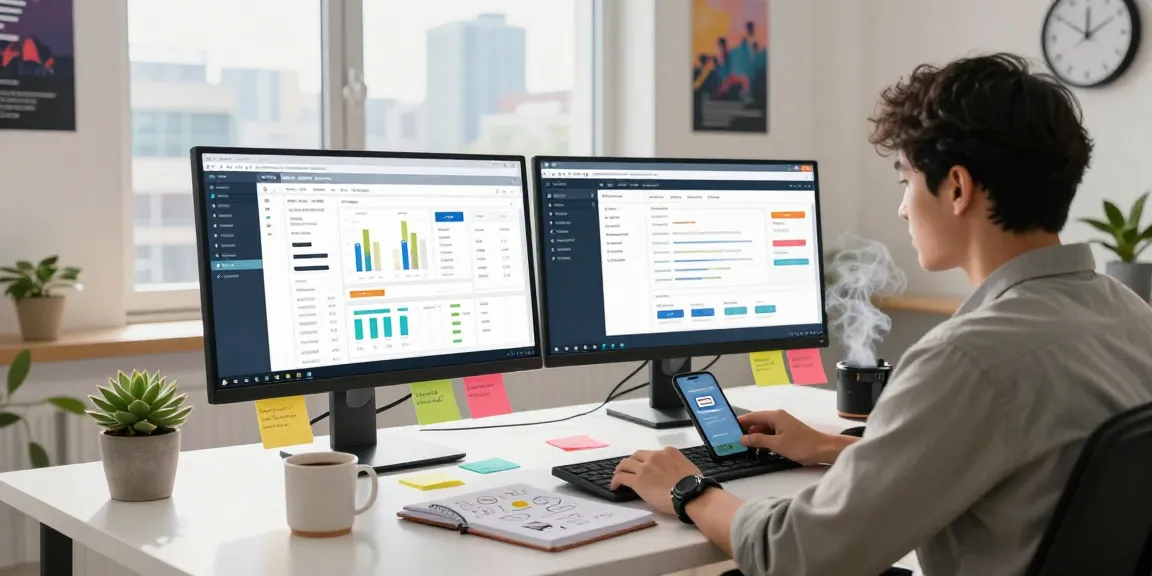 Professional digital marketing workspace illustrating scenadomen.pl analytics and SEO insights