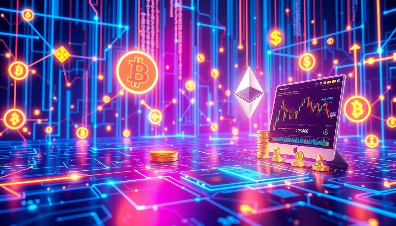 Wizualizacja handlu kryptowalutami i sieci blockchain z logami Bitcoin i Ethereum, wykresami handlowymi i portfelami cyfrowymi.