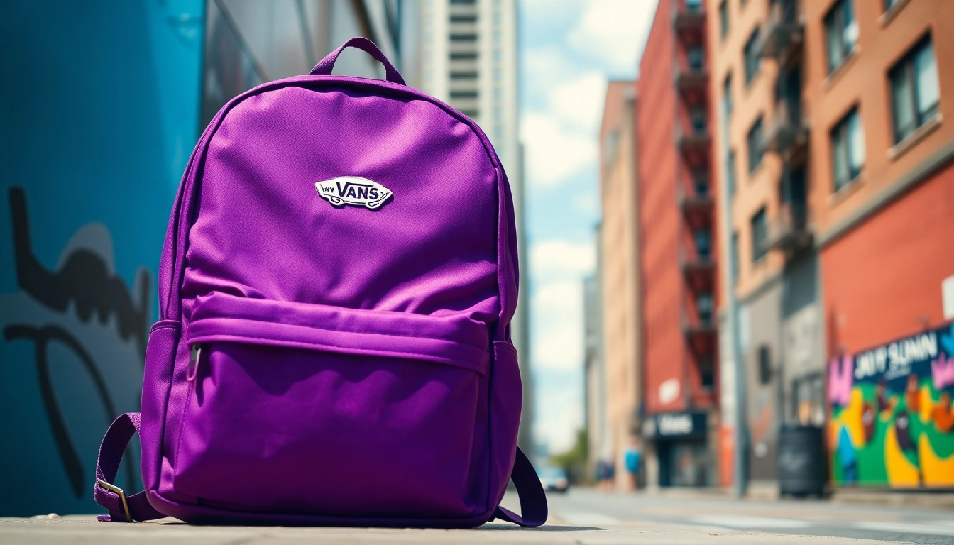 Resalta la mochila vans morada en un ambiente urbano vibrante, mostrando su diseño moderno.