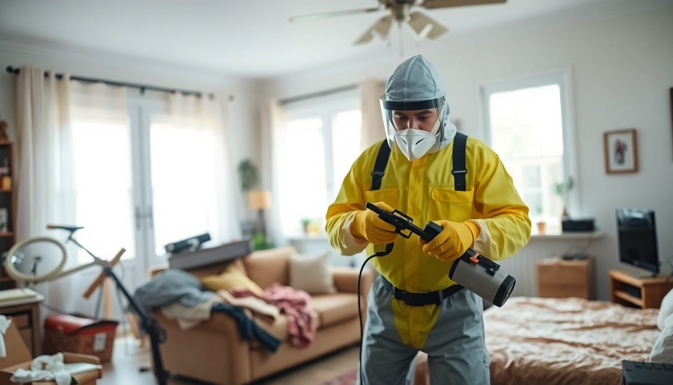 Bed bug exterminators inspecting a living room for effective treatment solutions.