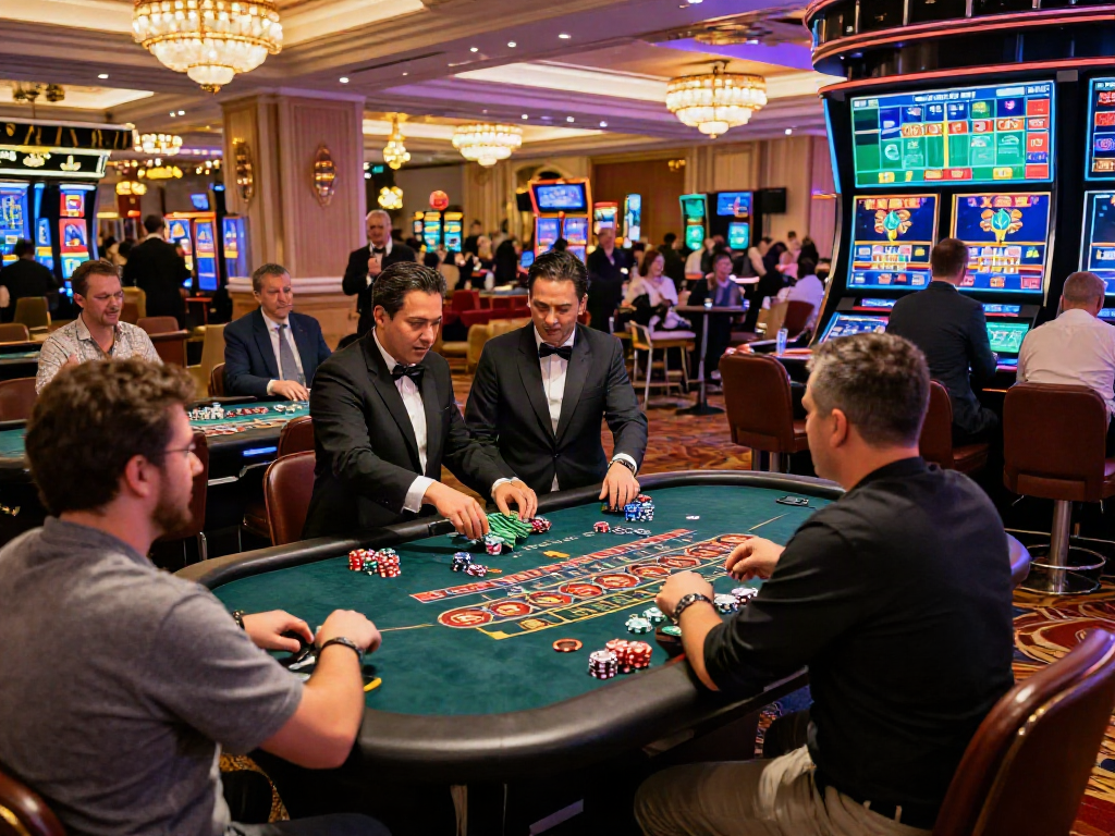 Situs live casino gaming scene with players at exciting tables and professional dealers in a vibrant casino.