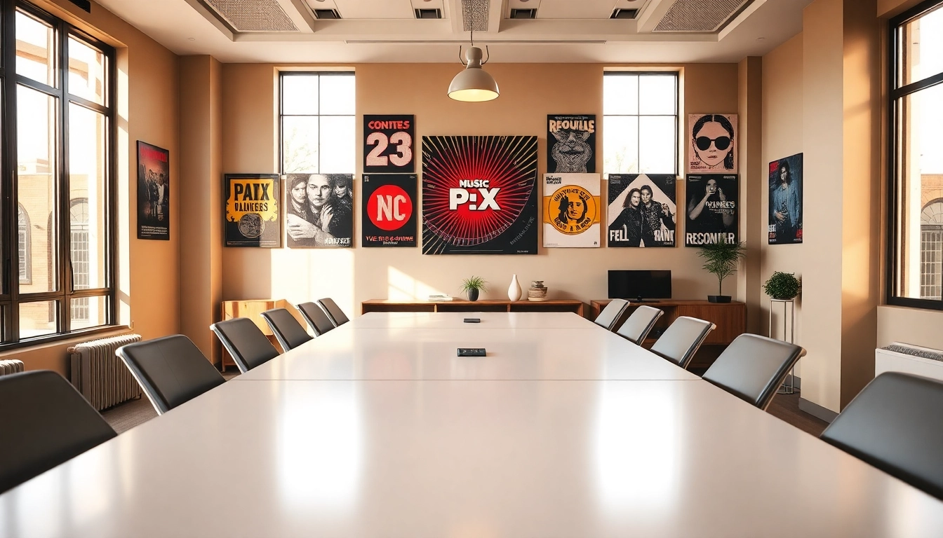 Engaged team at a music PR company brainstorming strategies in a modern office setting.