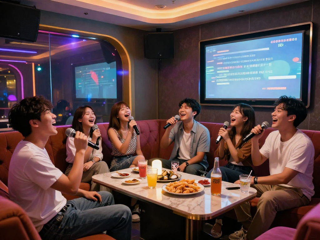 강남 타이밍에서 친구들과 함께 즐기는 가라오케, 활기찬 분위기와 다양한 음료가 있는 방