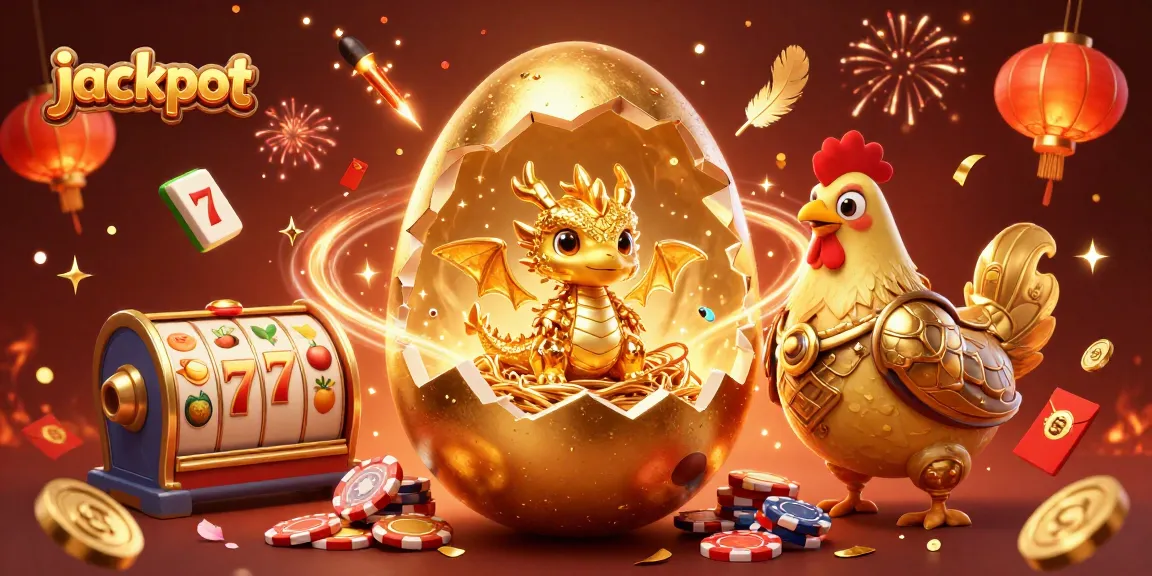 Experience the jackpot excitement with a golden dragon amidst slot reels and festive elements in this vibrant illustration.