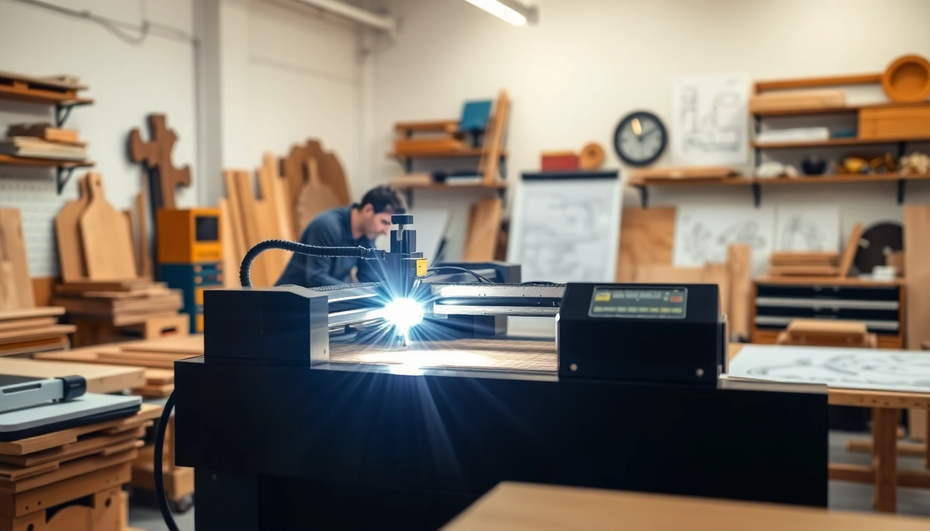 Showcasing custom laser design process with a laser cutter and various materials.