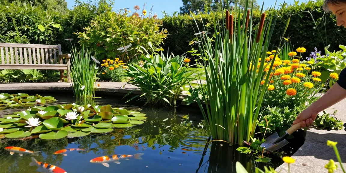 Beautiful British pond plants in a serene garden setting, showcasing water lilies and cattails.