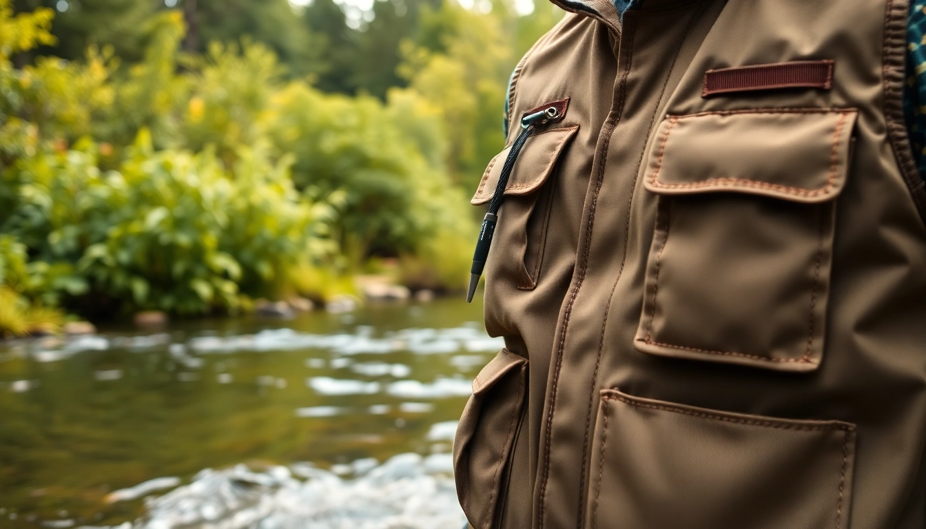 View of a functional fly fishing vest with multiple pockets, perfect for anglers.