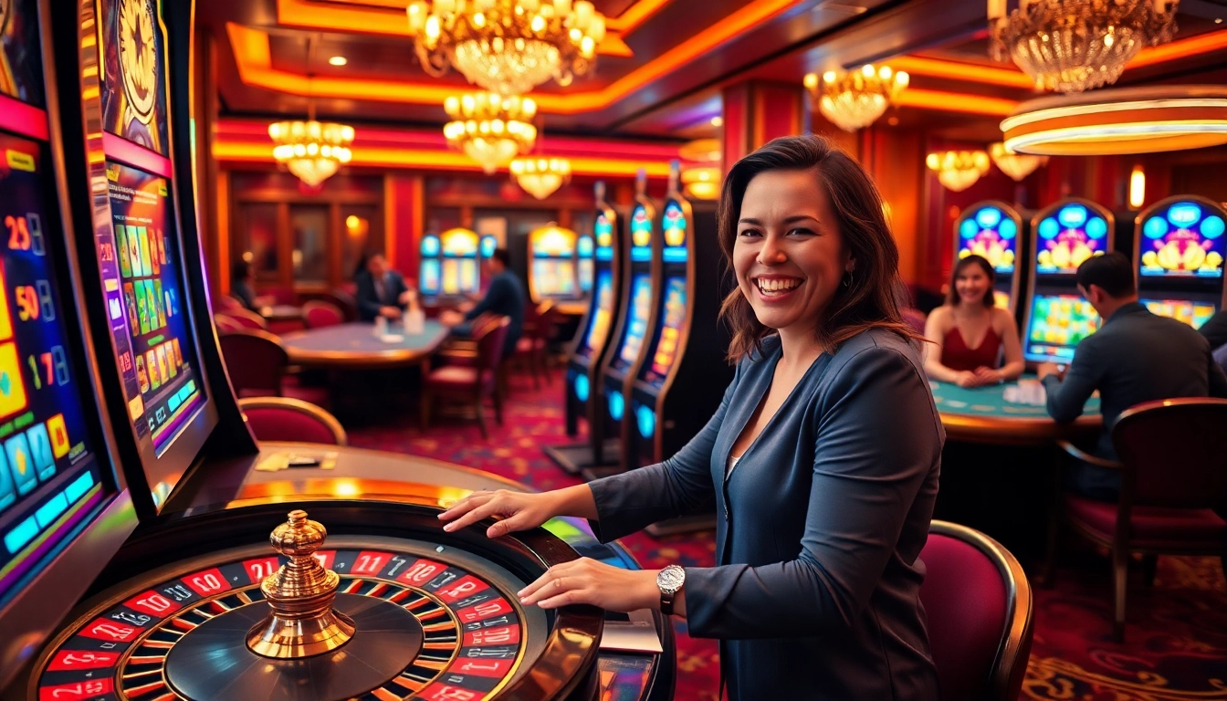 Experience the thrill of a slot deposit 1k in a luxurious casino scene featuring vibrant slot machines.