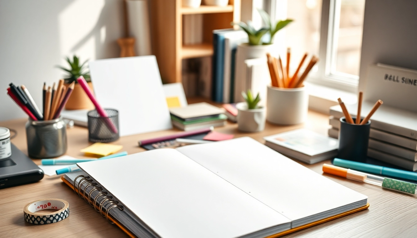 Stylish stationery and workspace setup featuring colorful notebooks and pens.