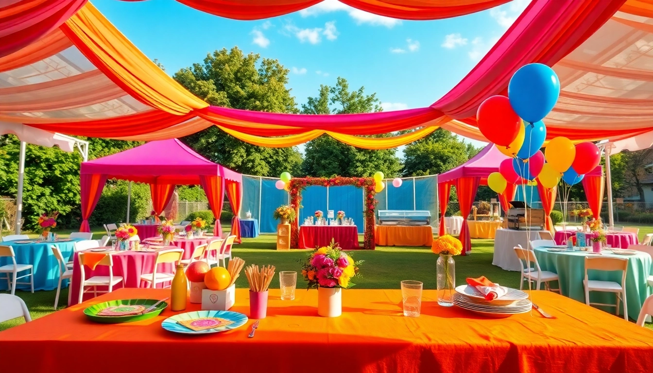 Setting up Party Rentals with colorful tents and festive decorations in an outdoor celebration.