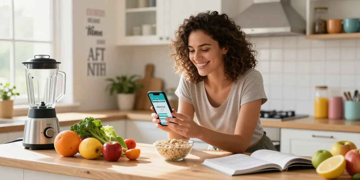 The best weight loss app showcased in a sunny kitchen with healthy ingredients and a smiling user.