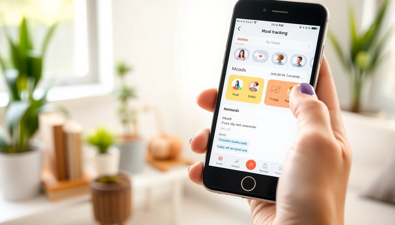 Mood tracker for mothers displayed on a smartphone amidst a cozy home setting demonstrating mental well-being.
