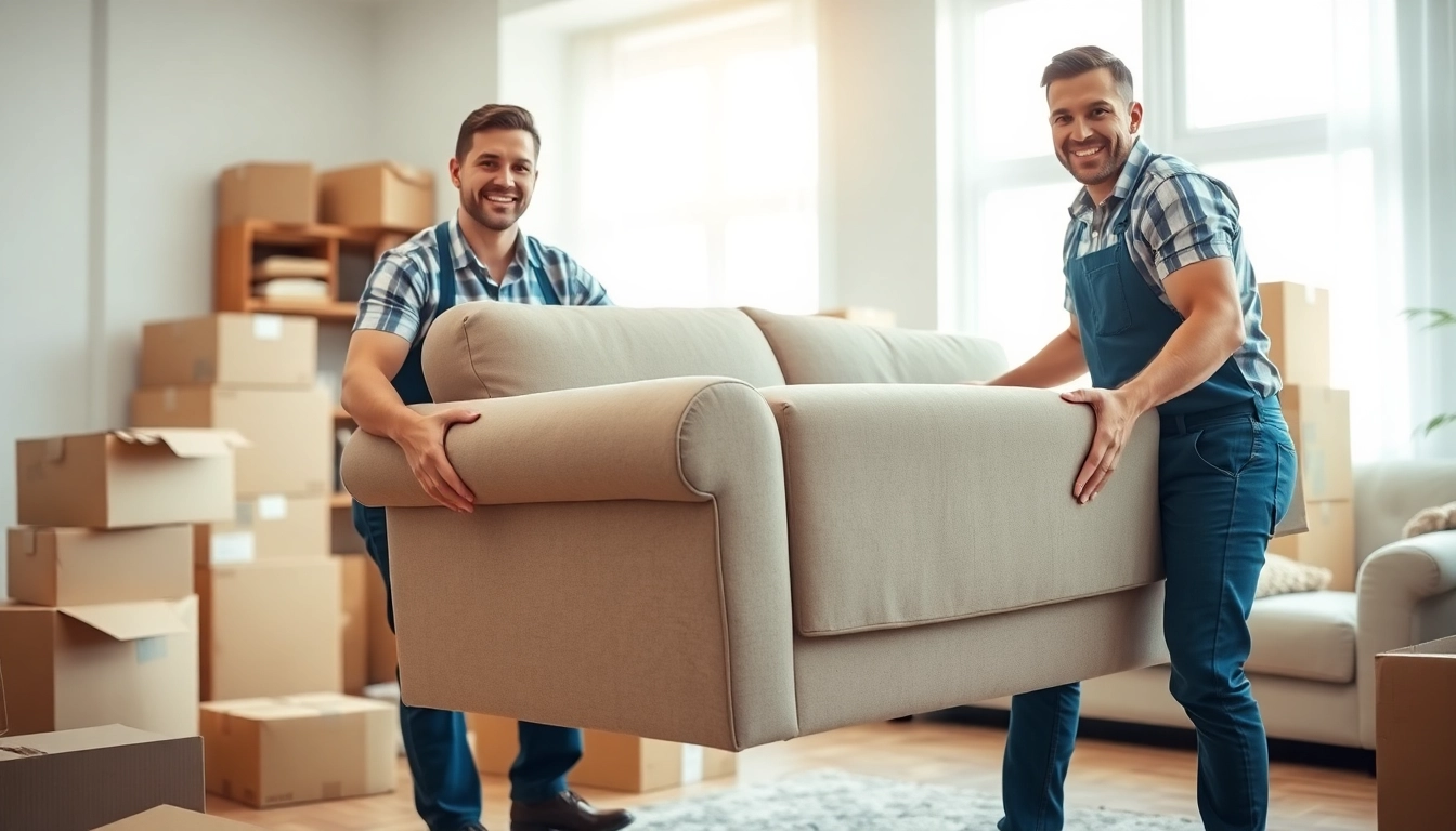 Removalists Kiama efficiently moving a sofa in a bright living room, showcasing expertise and teamwork.