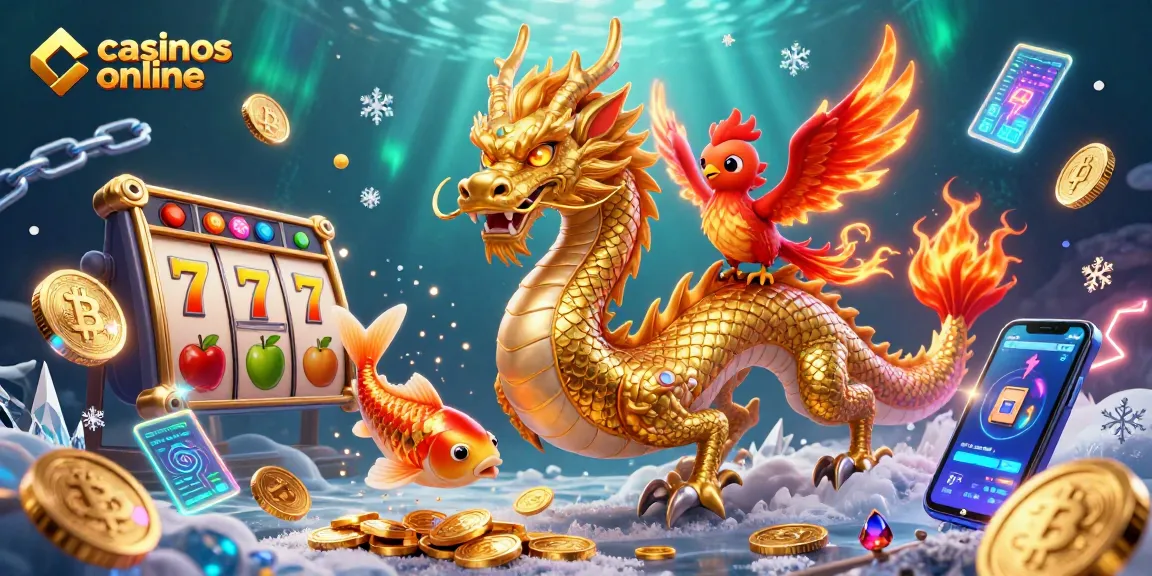 Genera casinos online con un dragón dorado luchador en un mundo de premios y juegos.
