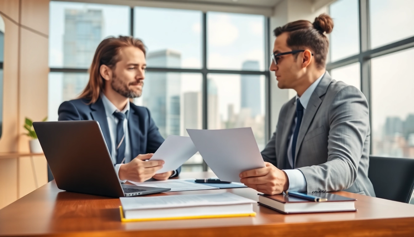 Consultation discussing legal matters at http://www.jacobsonpilaw.com with open law books and modern office decor.