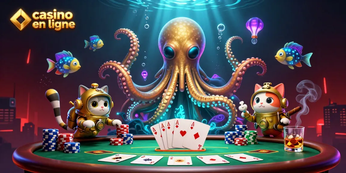 Illustration captivante de casino en ligne avec un kraken, une plongée et des éléments de poker.