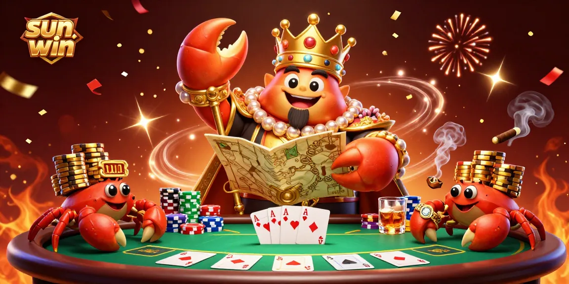 Experience the thrill of sun-win with a cartoon crab emperor showcasing poker triumph.