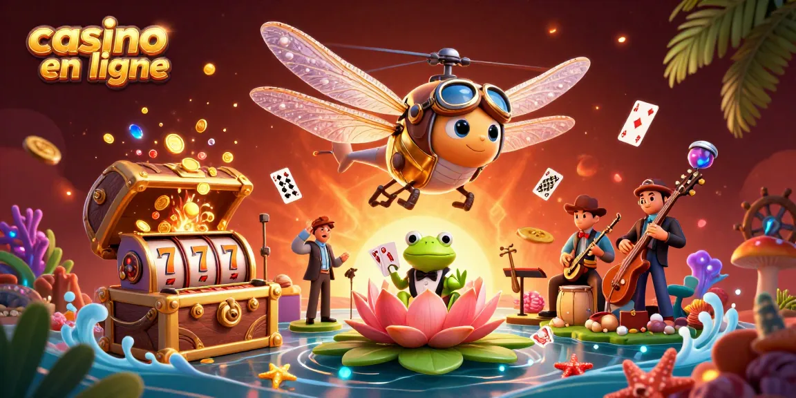 Le casino en ligne propose une scène dynamique avec un pilote libellule, un croupier grenouille et des musiciens...