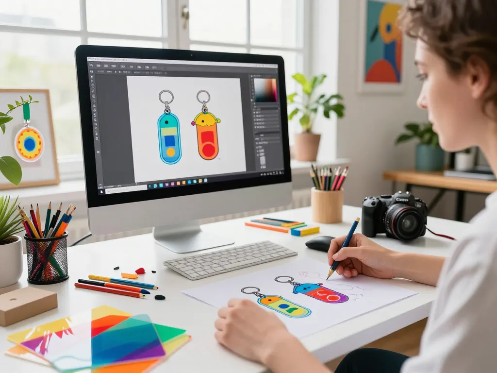 Custom acrylic keychains design in a vibrant creative workspace, showcasing colorful sheets and design tools.