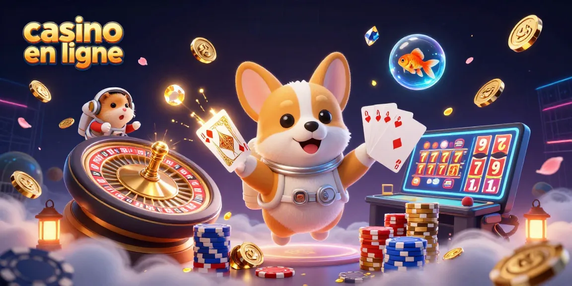 Visuel amusant représentant un corgi astronaute dans un casino spatial, jouant au casino en ligne.