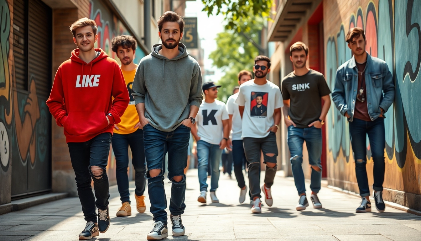 Dynamic group of men in casual streetwear for men, showcasing trendy urban fashion styles.