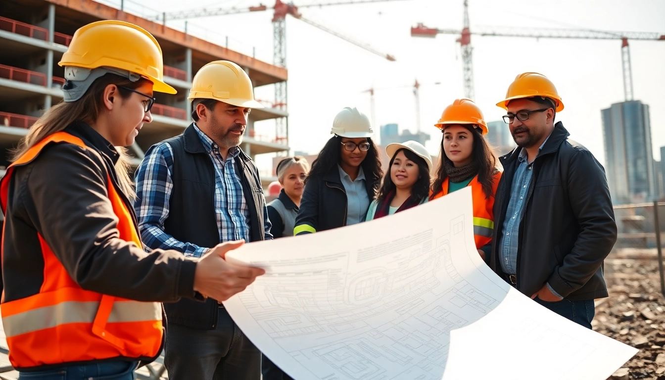New York Construction Manager overseeing a construction project with a team of professionals.