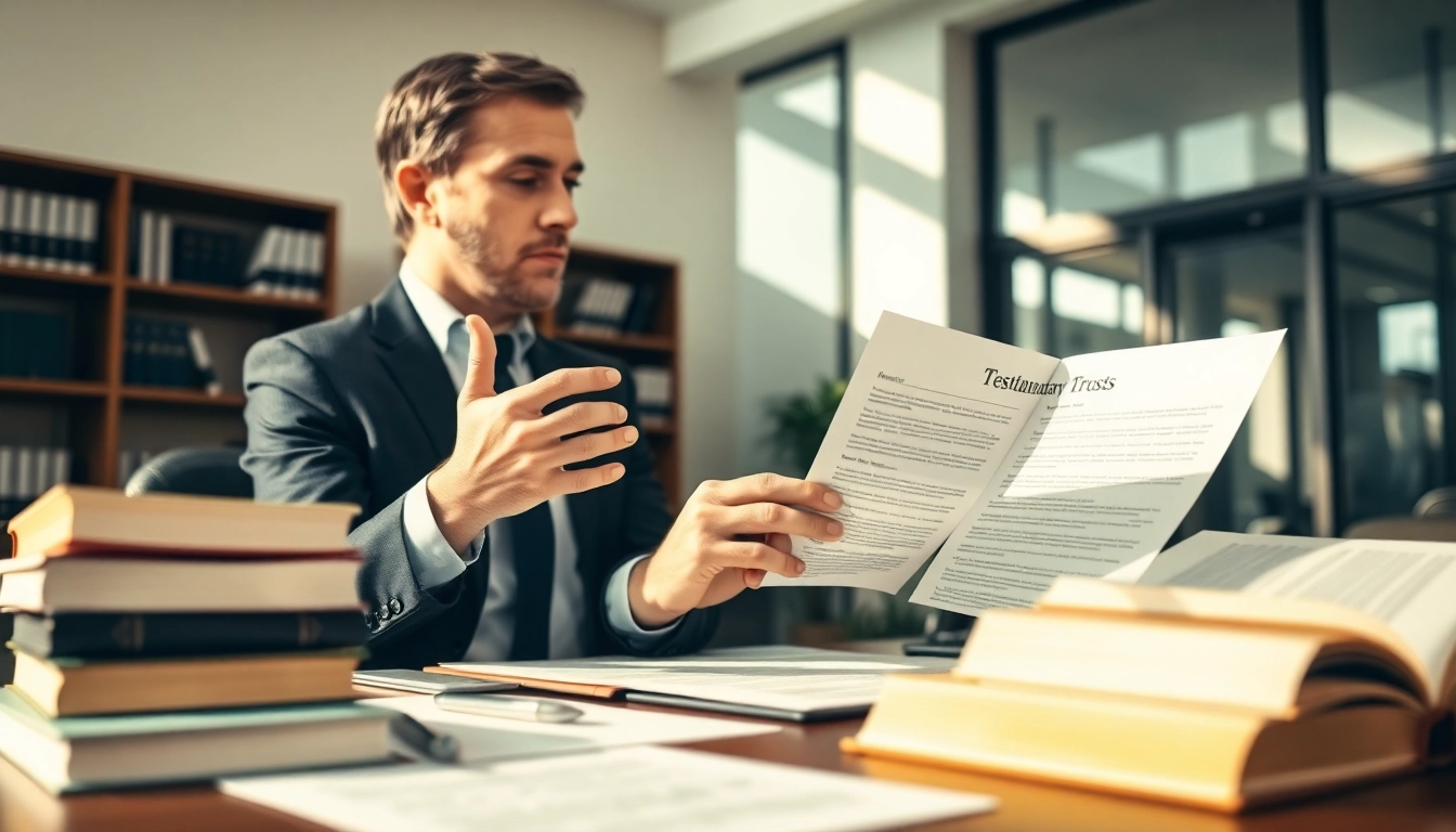 Discussing Testamentary Trusts with a lawyer in a professional office environment.
