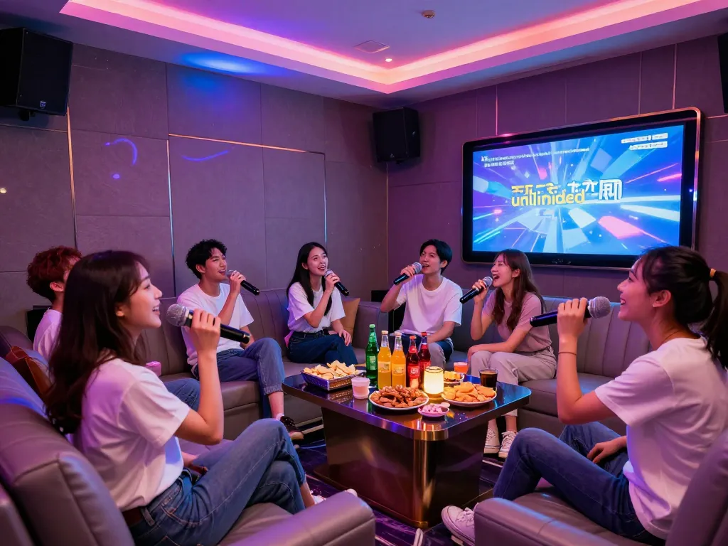 생동감 넘치는 LED 조명과 음료가 제공되는 www.3no.org/seo의 개인 방에서 즐거운 노래방 세션을 만끽하는 그룹.